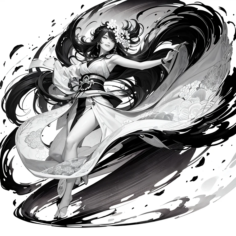 A work like a sumi-e painting, Painted with a Japanese brush, Dynamic painting, One Woman, Indian, Hair blowing in the wind, Very beautiful woman, Flower Storm, Mandala, Monochrome, Please only color the flowers, The human body structure is accurate, smile