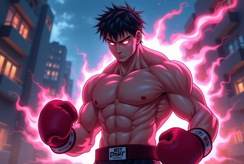 A character from an anime world is a boxer who has an aura coming out of his eyes.