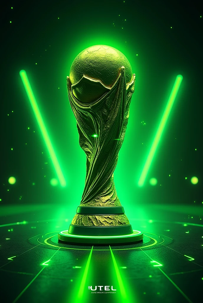 Create a flyer showing the expectation of a new World Cup where the trophy and the flyer have a neon green color  , The World Cup is called UTEL and it is in September with the flags of the countries of Germany, colombia, argentina , Mexico, France to use utel as world name 