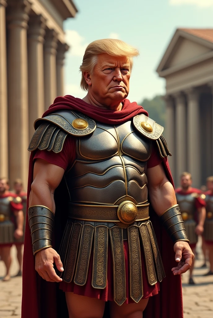 Generate a very funny Roman soldier, masculine, Julius Caesar style, wearing typical Roman armor, but he has Donald Trump's face.
