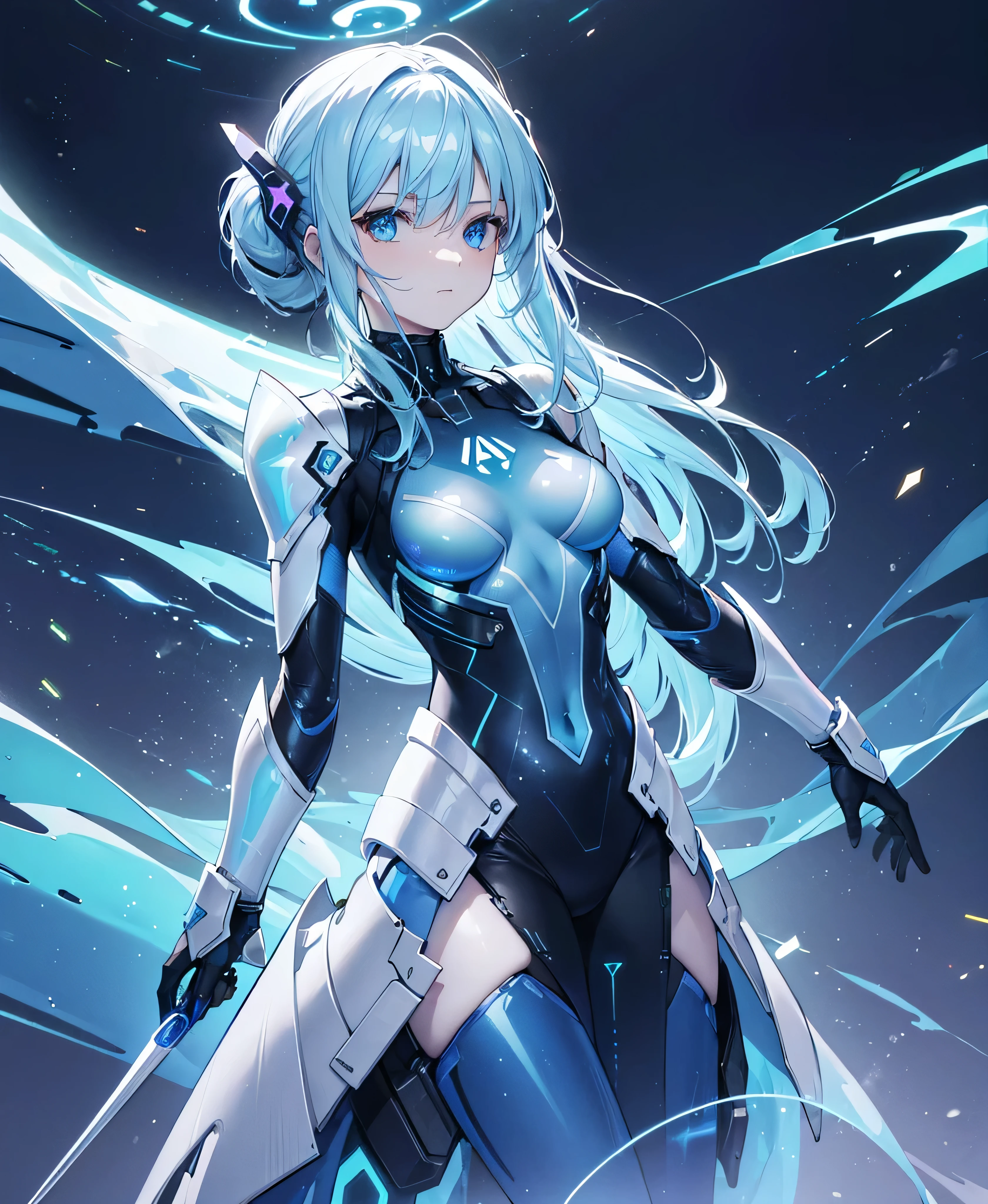 ((Holographic glow effect)),8k, Highest quality, (real:1.4), Original photo, 1 person, Asari Hair, Biological Amplifier, refined armor, posture: Peace talks between warring factions, smart blue eyes,whole body