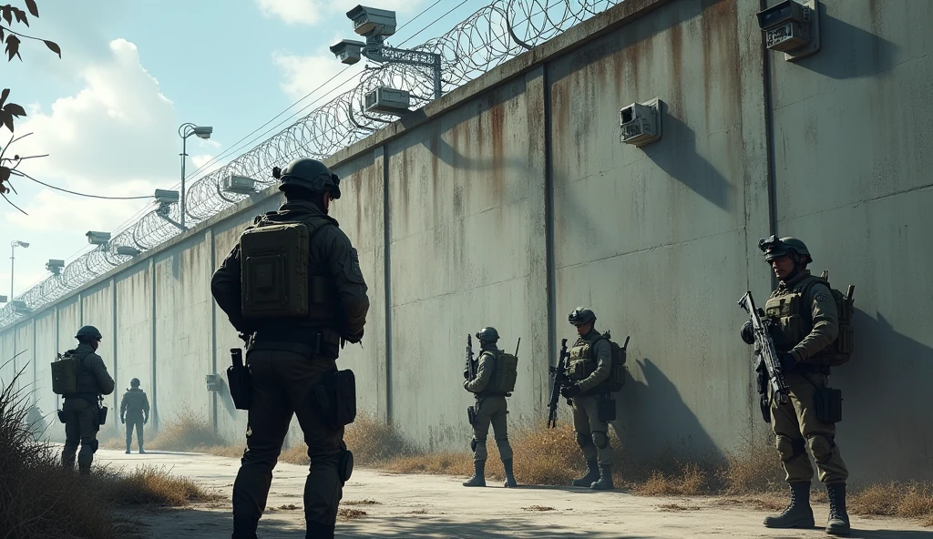 Make a picture of a wall, with surveillance pens and armed soldiers