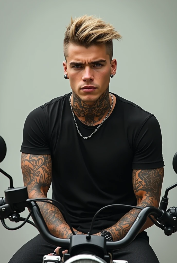 cute boy, white and on a motorcycle, with tattoos on the neck and arms, piercing and medium blonde hair, muscles and black t-shirt