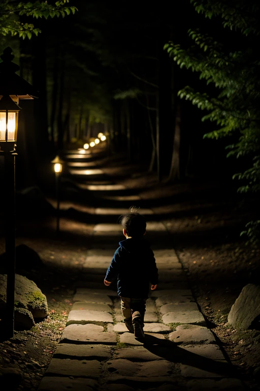 A forest at night and a stone path lit with lanterns and at the end of the path you can see the silhouette of a  