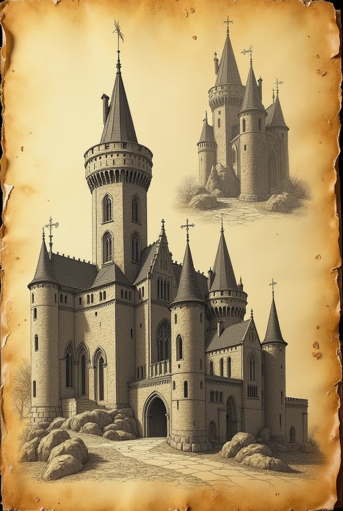 Sketches of a castle in a sketchbook, lines made in graphite, yellowed leaf, Gothic art, leonardo da vinci notebook style, best qualityer.