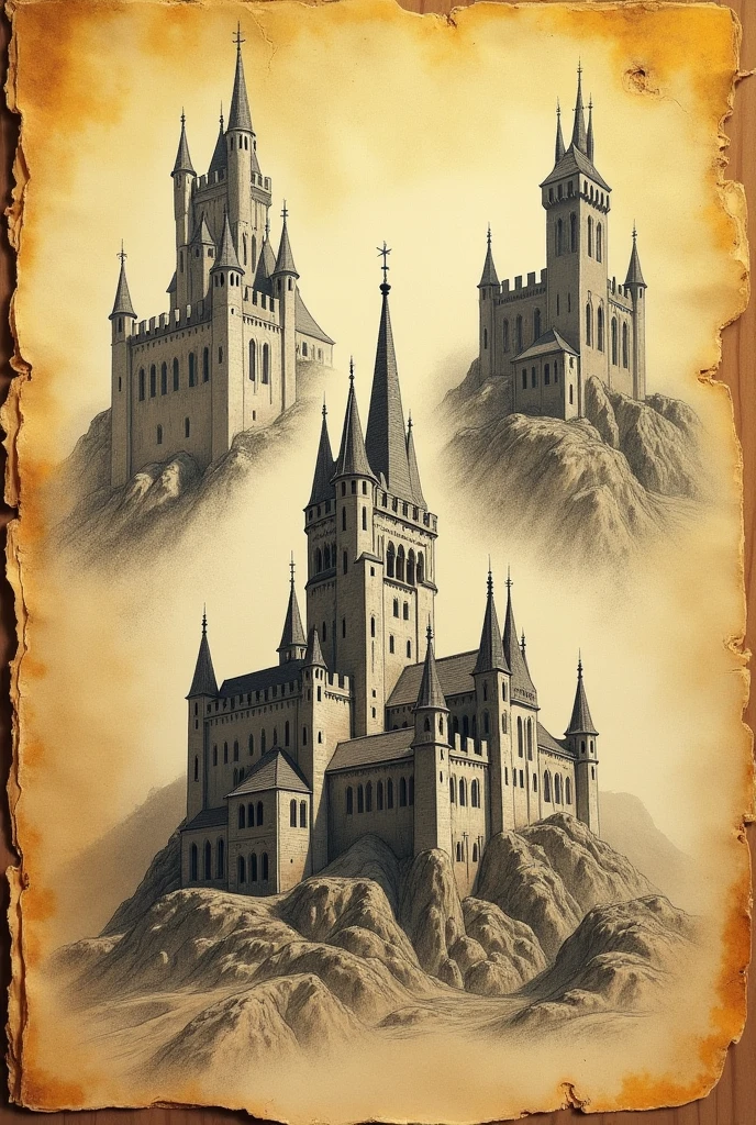 Sketches of a castle in a sketchbook, lines made in graphite, yellowed leaf, Gothic art, leonardo da vinci notebook style, best qualityer.