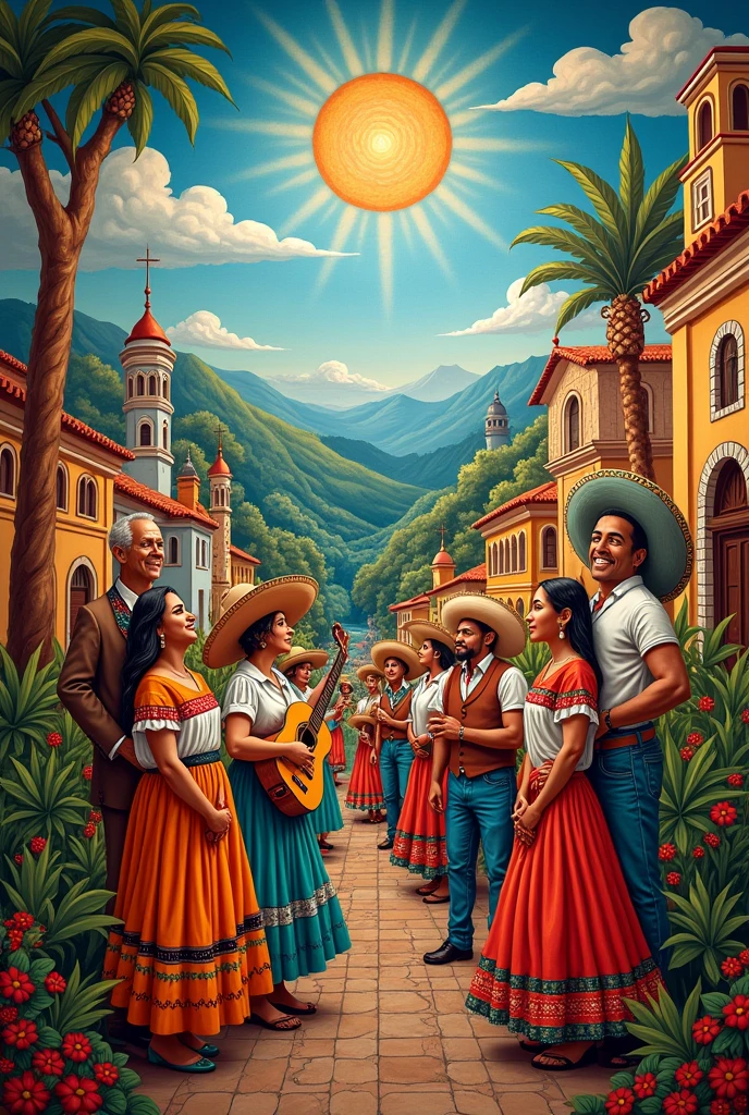 mural about Mexico including the national symbols, traditions, gastronomy. the story. the territory, music and dance, religion, flora and fauna and the architecture of Mexico
