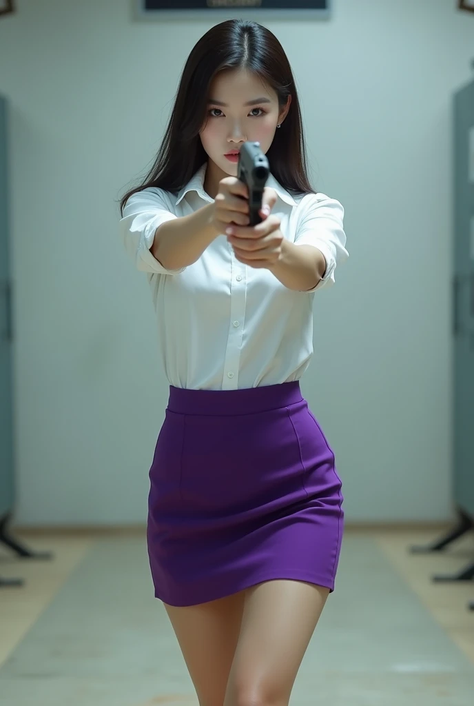 real person realistic beautiful korean office lady white shirt tight mini skirt satin violet stance open legs spreading arms straighten full portrait gun sexy legs apart open aiming target practice pointing at you firing indoor shooting range ready to shoot serious look