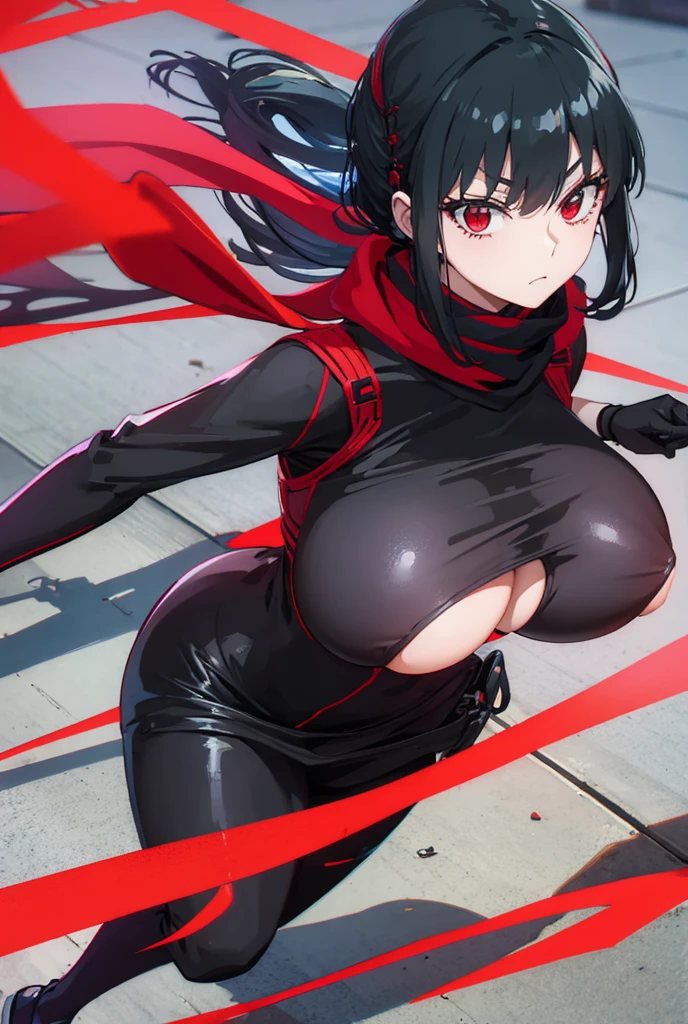 Ninja suit, ninja pose, long red scarf, huge tits Rubor, red eyes, Japanese garden in the background,Transparent mesh on the tits