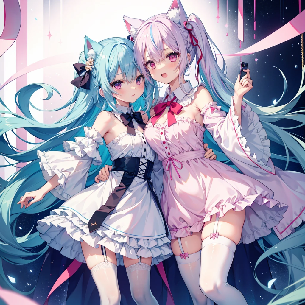 nsfw,Nipples,Two Girls,Selfie,take,hug,Nipplesを見せる,Light blue hair,Light pink hairstyles，Cat ear，Pink Eyes，light blue，White socks，Pink ribbon,Panties,Laughing with your mouth open,blue bow,Thighhighs,blue bowtie,blue ribbon,bow,bowtie,brooch,button,removed collar,hair ornaments,removed sleeve,dress,eyebrows visible through hair,frills sleeves,frills,garter strap,white dress,gold trim,hair between eyes,hair ribbon,hold hair,jewelry,colorful clothes,multicolored dress,red eyes,ribbon,short dress,strapless,strapless dress,thigh boots,detached sleeves,Best image quality,Highest quality