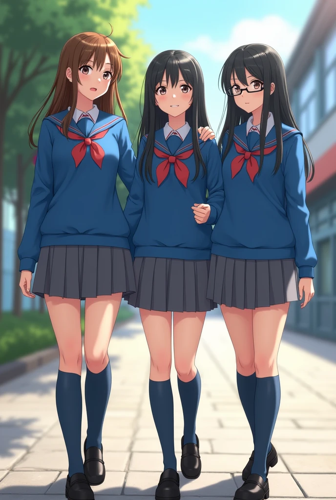 Three friends: with school uniform blue sweater, grey skirt, blue stockings and black shoes, a thin girl with long brown hair and brown eyes, one with long black hair and brown eyes , and the last one with long black hair, with glasses