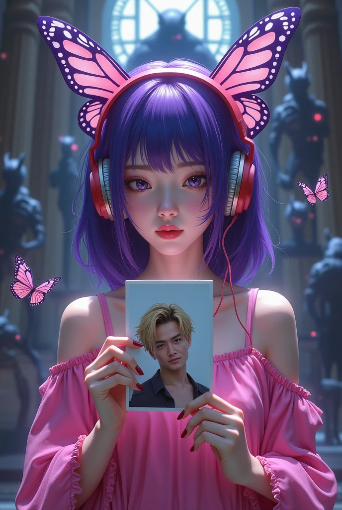 Mulher borboleta de cabelo roxo coreana com fone de ouvido olhando foto de homem loiro lindo e hell boy atrás dela e borboletas voando sobre ela ela com um vestido 👗 Shocking pink homem jovem e lindo na FT e demônio lindo também atrás dela ele em retrato nome Hell boy atrás e borboleta protegendo ela