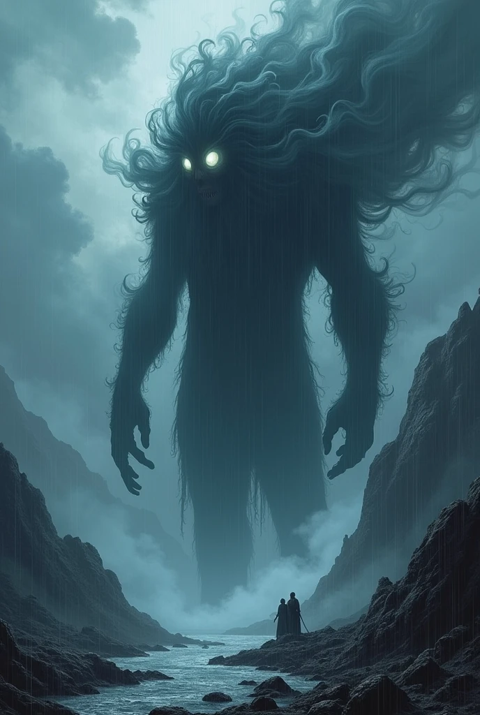 A gigantic entity, bigger than mountains made of giant dark smoke that has glowing white eyes, he is on an island that emanates darkness, despair and heavy rains, comic book style.