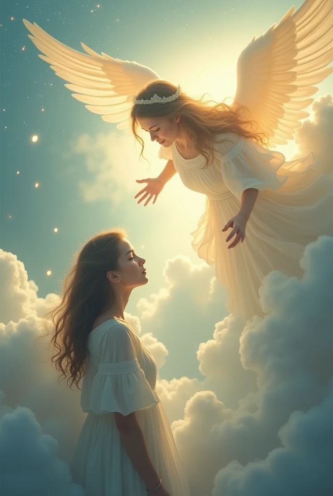 Guardian angel speaking from top right to young woman at bottom left