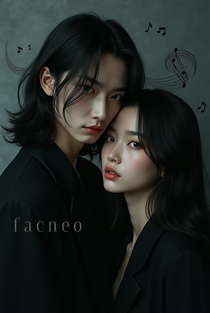 Asian boy man who looks like DPR ian and who has long hair and in the background is written the word facneo and who is in a dark place and who has black musical notes around him and who is touching a pretty girl and both of them are looking straight ahead