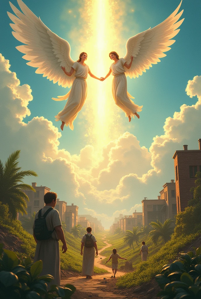"After the dictator's defeat and the destruction of his reign of terror, Angels and archangels ascend majestically towards heaven, leaving a trail of divine light. On earth, the country begins to heal: Citizens work together to rebuild their homes, as they plant seeds in fertile fields and rebuild their lives. The image shows a transformed landscape, with houses repaired, green fields and the sun shining in a clear sky. The people, with hopeful and smiling faces, look to the future with optimism, reflecting the rebirth and peace that now envelops the earth. The atmosphere is one of renewal and hope, highlighting the contrast between past oppression and the vibrant future."