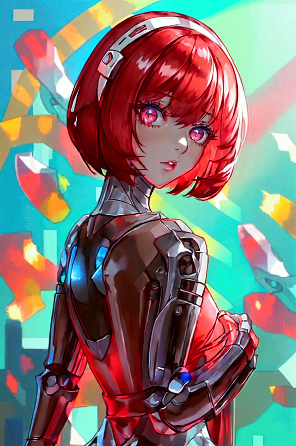 8k, arms behind back, full body, slim figure, flat bust, 1 female model, sparkling red eyes，gradient pupil color，high-heels，seductiv，Charming, wearing a light summer dress, short bbbnde hair, dorothy haze, bobcut, monroe, by hajime sorayama