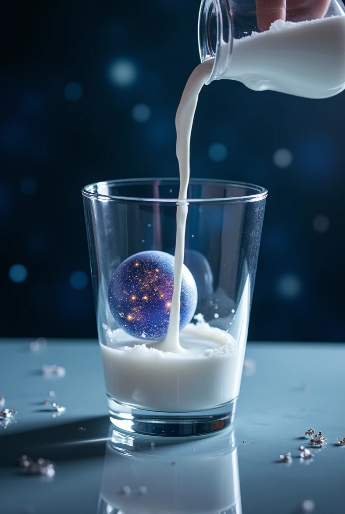 Milk runs into a glass with a universe in it Under the glass is a mirror Stars sparkle in the background


