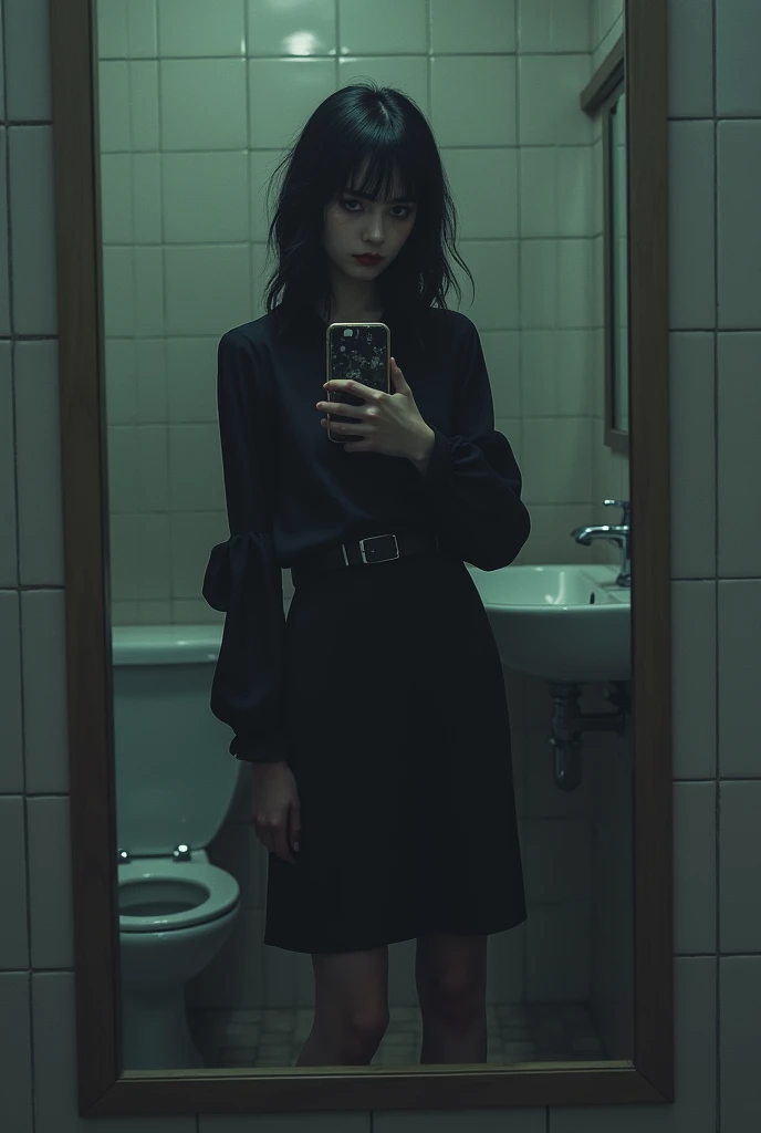 Emo girl wearing platform sandals taking photos in the bathroom