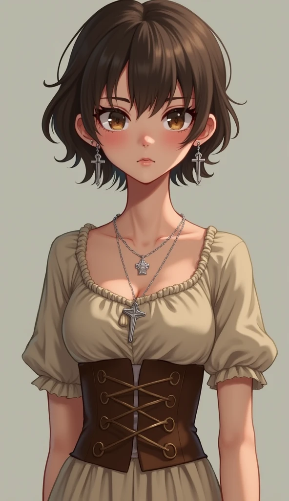 Create me as a character. I am a non-binary female person. Tenho 1,60 tall. I have very short brown hair like a boy's. the hair is parted in the middle, bent back. My eyes are light brown, I have fair skin. I wear 2 piercings in my nose and 3 in my mouth and silver earrings in the shape of a cross.. I wear a very peasant beige dress with a brown corset