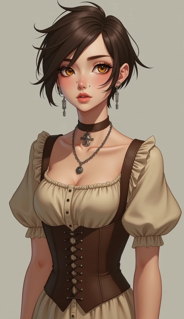 Create me as a character. I am a non-binary female person. Tenho 1,60 tall. I have very short brown hair like a boy's. the hair is parted in the middle, bent back. My eyes are light brown, I have fair skin. I wear 2 piercings in my nose and 3 in my mouth and silver earrings in the shape of a cross.. I wear a very peasant beige dress with a brown corset