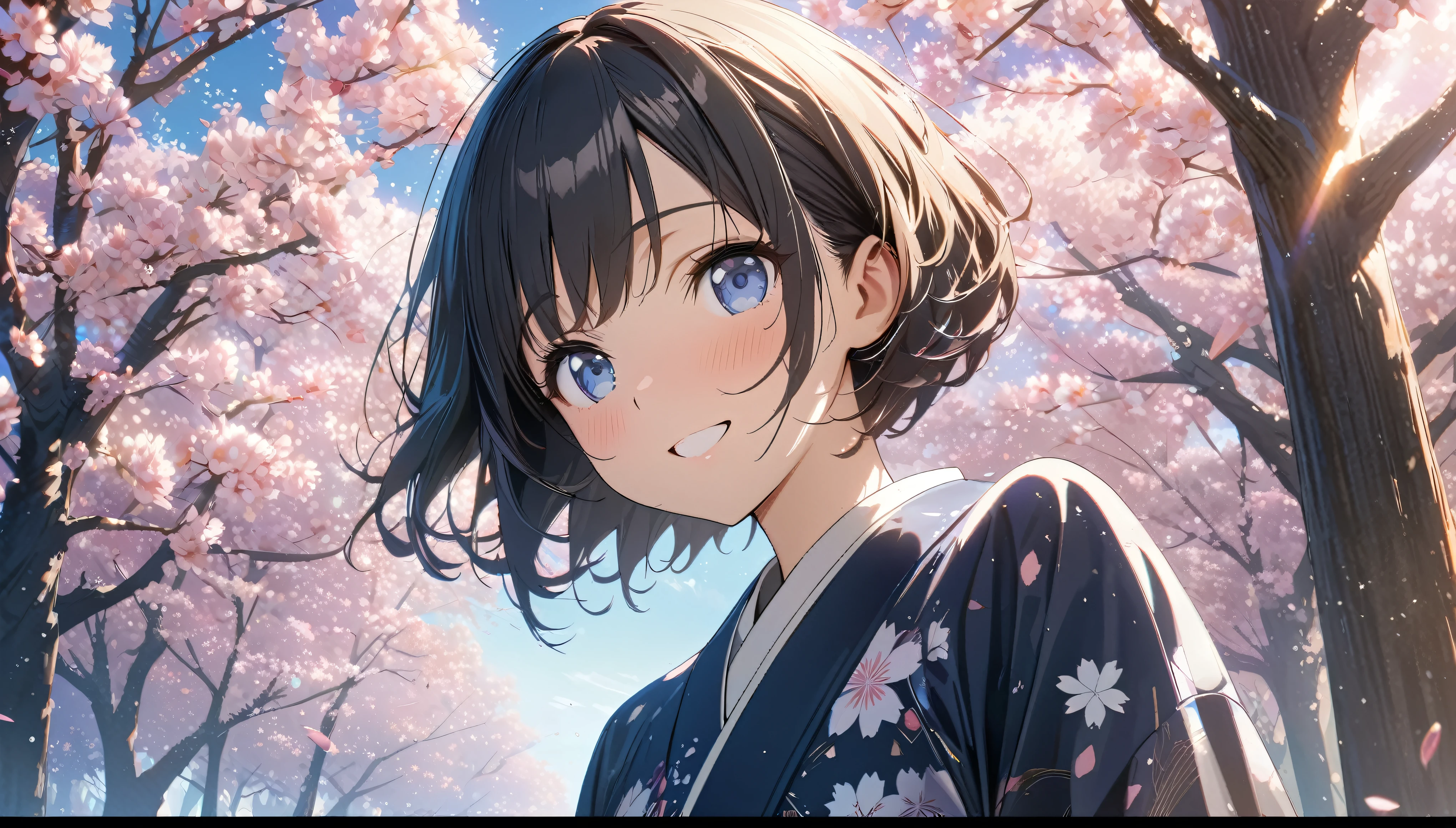 one girl, black short hair and bob hair、beautiful blue eyes、smile、gentle smile on her face、flat chest, one Beautiful girl,((masterpiece, illustration, best quality) ((ultra-detailed))\\Sunny day, standing under the cherry blossoms, Clothing、Japanese dress、White cherry blossom pattern、, 濃い青とBeautiful Blueのグラデーション, High resolution, 8K HD detail, hyper-detail, cinematic, surrealism, soft light, deep field focus bokeh, ray tracing and surrealism. --v6