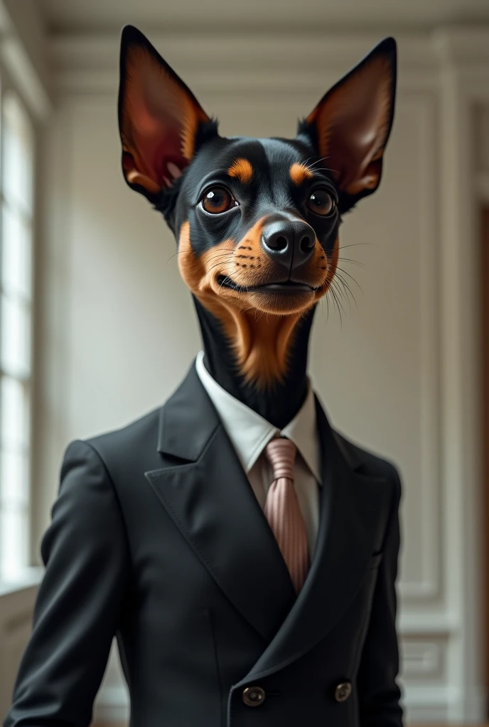 Pinscher dog in designer suit with sexy smile 