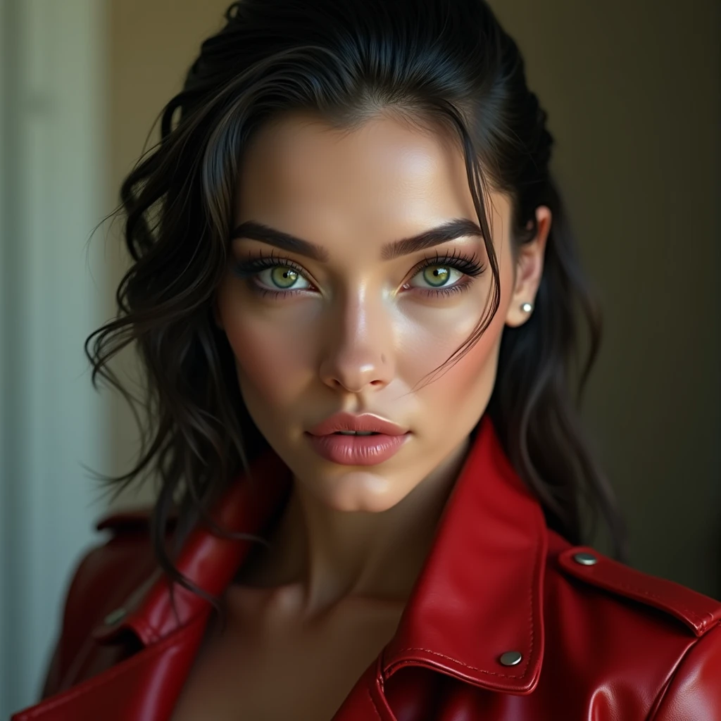 A hyper-realistic three-quarter view in 8K of a beautiful green-eyed woman with long hair, which are shaved on the side, deep porcelain skin. Looking straight ahead, She wears a red leather jacket. Soft lighting. Few details, hair is not in the face