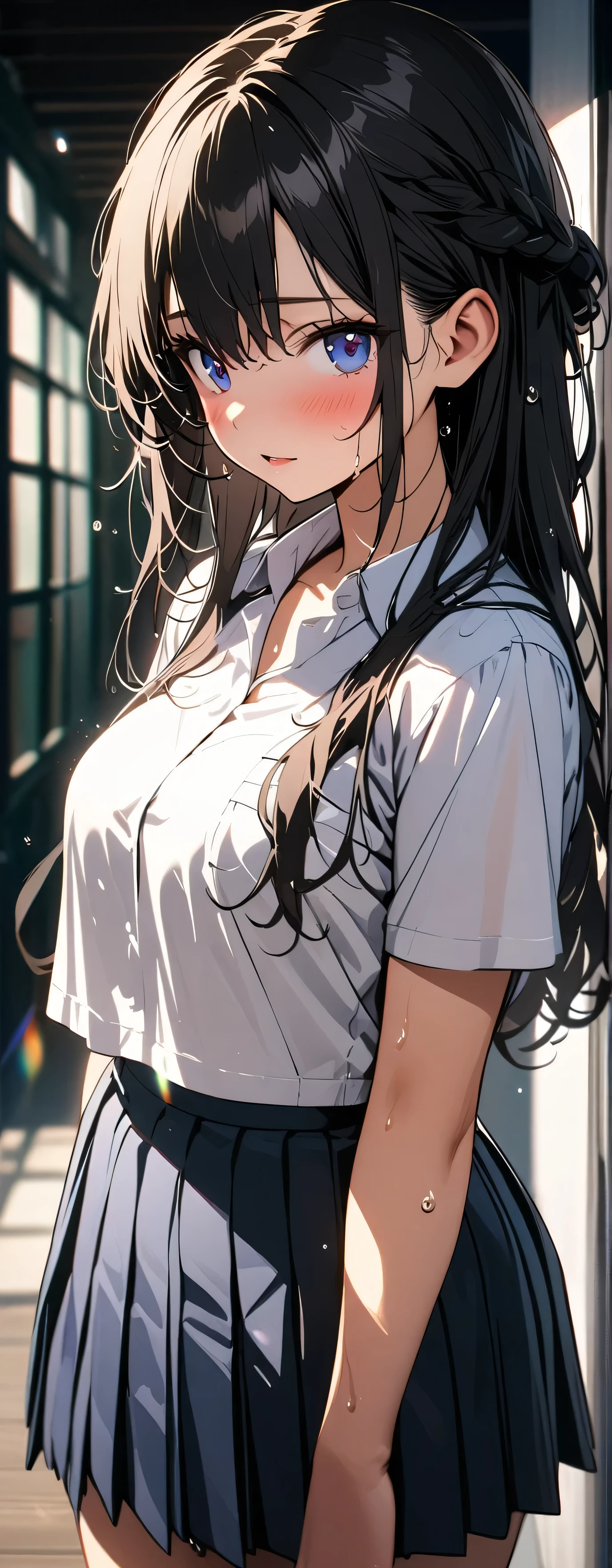 , (beautiful girl: 1.3),1girl,masterpiece, Highest quality, Ultra-high resolution,Rich contrast,super high quality,8k,Highly detailed CG unit wallpaper,texture,Incredibly absurd,Ultra-high resolution,RAW Photos,Depth of Field 1.2,Bokeh,(High School Uniform&Pleated skirt:1.5),Black Hair,Crown braid,Ultra-detailed eyes,(Sensual),Glowing Skin,loafers,Her jacket is open and her breasts are exposed,after the rain,(((Wet))),(Large Breasts),blush,Sigh,Glowing stained glass, Colorful fluorescent,sweatdrop,panting