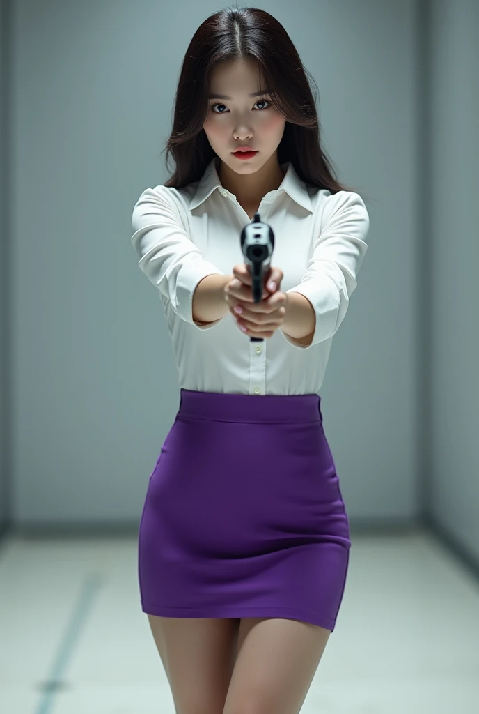 real person realistic beautiful korean office lady white shirt tight mini skirt satin violet stance open legs spreading arms straighten full portrait gun sexy legs apart open aiming target practice pointing at you firing indoor shooting range ready to shoot serious look