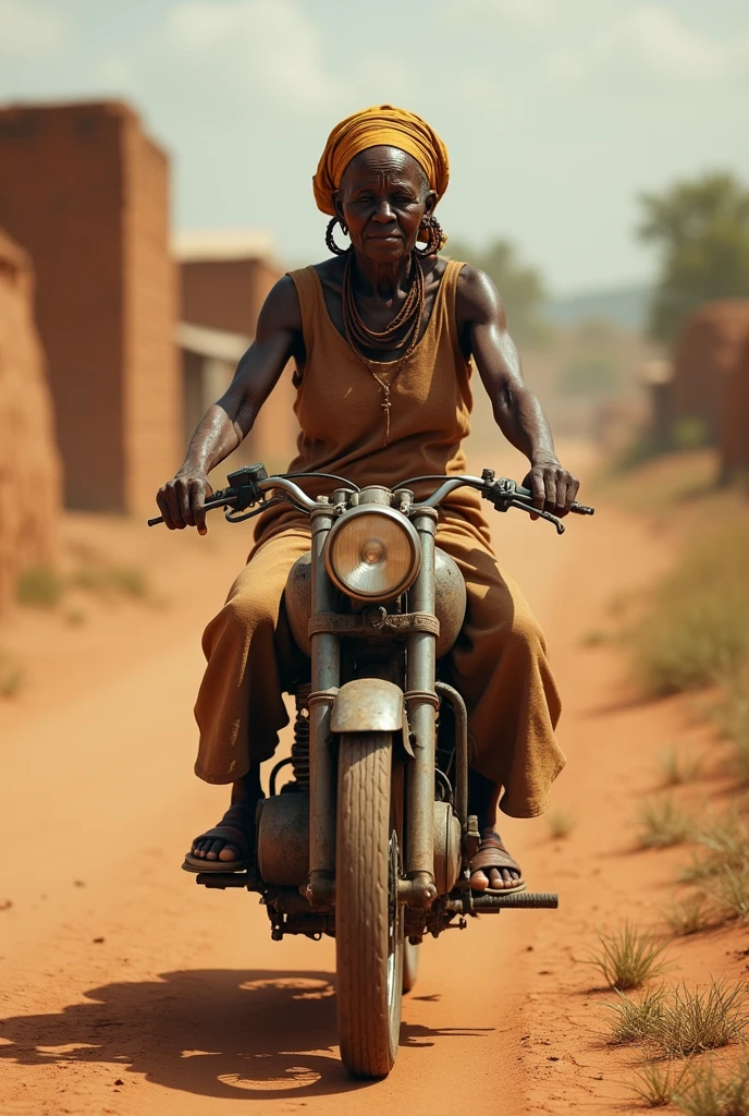 An old African woman riding a motorbike


