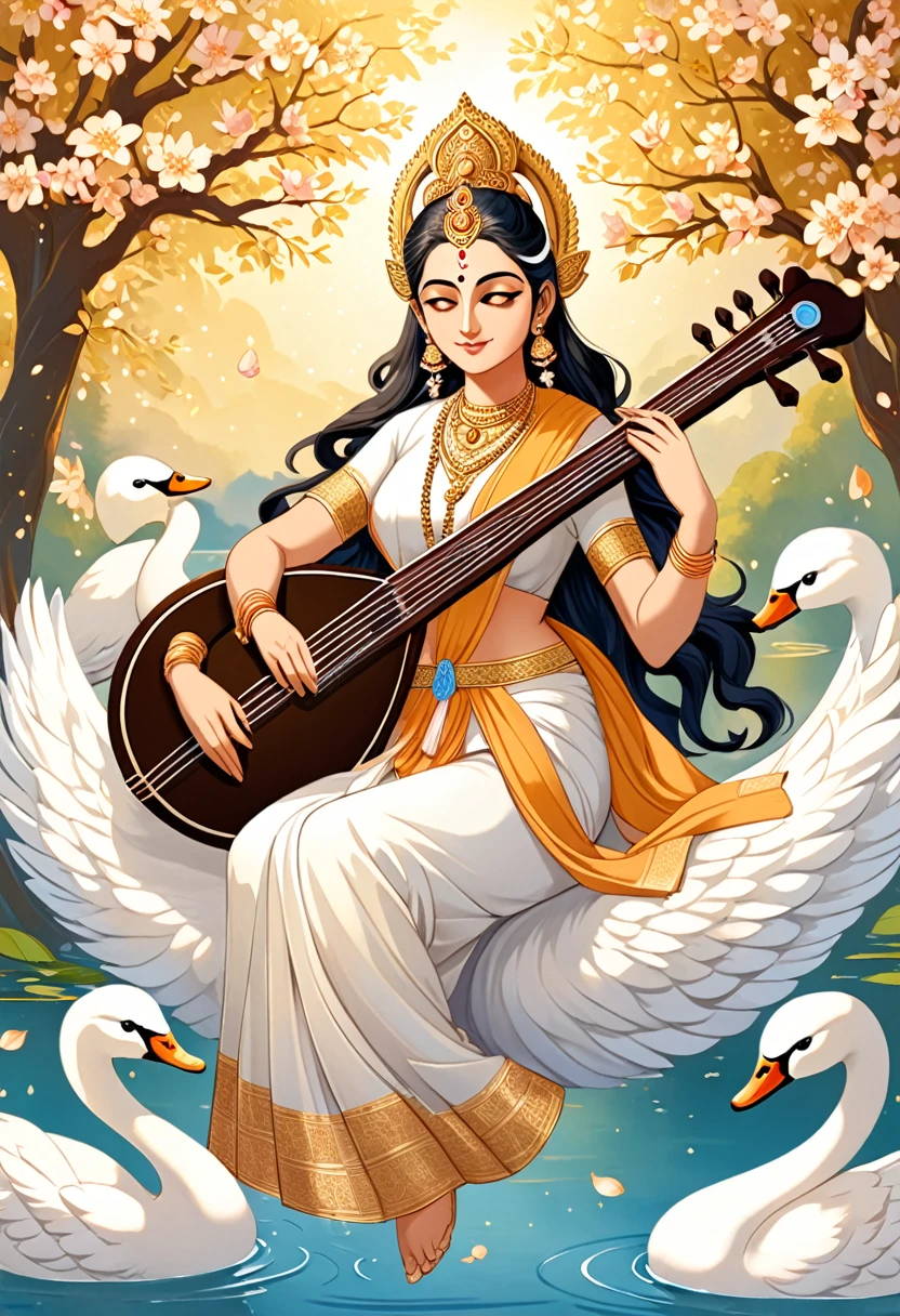 Goddess Saraswati, the deity of knowledge and arts, seated on a white swan, holding a veena (musical instrument) with elegance and grace. She has a calm and wise expression, with her other hands holding a rosary and the sacred scriptures. She wears a simple yet beautiful white sari, symbolizing purity and wisdom. The background is a tranquil, celestial riverbank with blossoming trees and an aura of soft, golden light. The art style is ethereal and refined, with delicate details and a soothing palette that emphasizes her divine intellect and creativity.