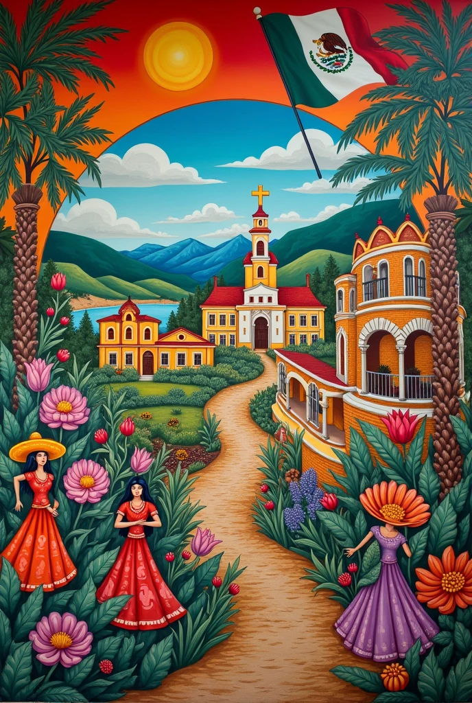 mural about Mexico including the national symbols, traditions, gastronomy. the story. the territory, music and dance, religion, flora and fauna and the architecture of Mexico