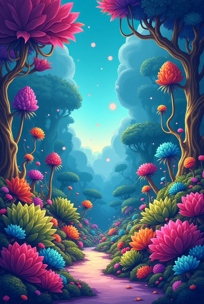 A background scene with colorful cartoon plants
