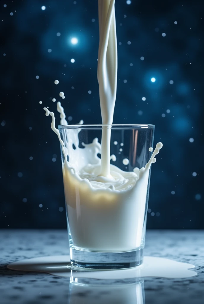 Milk runs into a glass with a universe in it Under the glass is a mirror Stars sparkle in the background