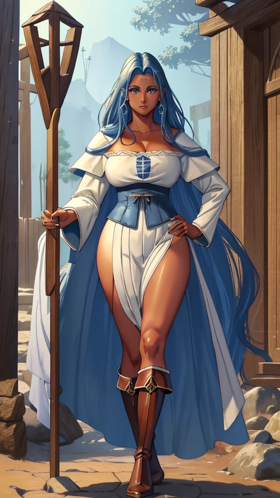 (((dark tanned skin))), アニメ, a full-length portrait of a sermer, (((a woman in medieval clothing))), metal skirt, thie high boots, (white robe), stillrt black hair, (blue colored eyes), Athletic, 8k, Unreal Engine 5, octane rendering, by kyun, gamang, Yoon gon Ji, g.till, gosonjak, Shuroop, Seriously, domi, Noah, trending on pixiv, fan box, skewer, work of art, smooth soft skin, big dreamy eyes, beautiful intricate colored hair, Symmetrical, olhos arregalados de アニメ, soft lighting, conceptual artwork, digital painting,