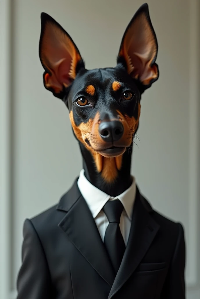 Pinscher dog in designer suit with sexy smile 