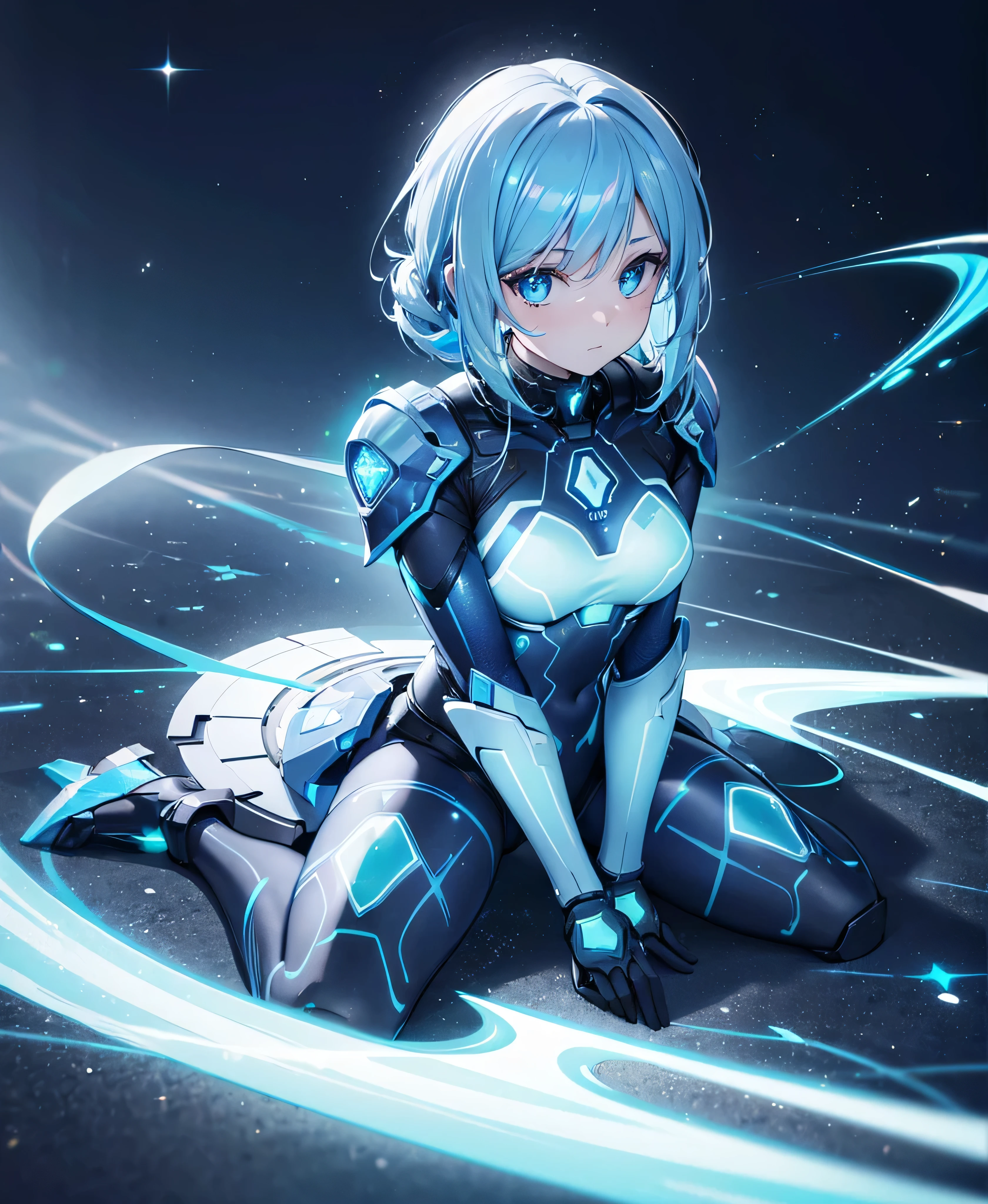 ((Holographic glow effect)),8k, Highest quality, (real:1.4), Original photo, 1 person, Asari Hair, Biological Amplifier, refined armor, posture: Peace talks between warring factions, smart blue eyes,whole body