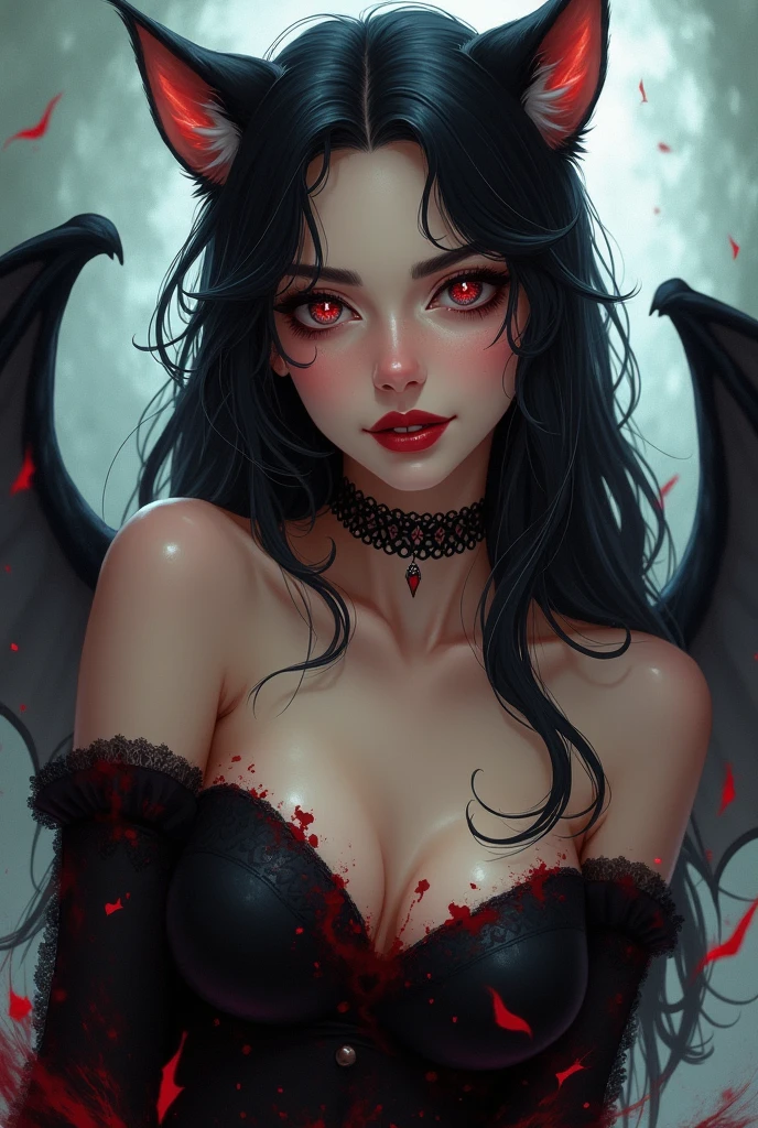 (masterpiece, best quality), ((1girl, (mature female) long hair), (star-shaped pupils, +_+, symbol-shaped pupils, sparkling eyes), (cat ears, open open mouth)), (looking at viewer, light smile, off shoulder), (abstract, multicolored background, abstract background, chromatic aberration), vampire, blood on face, blood on clothes, bat wings