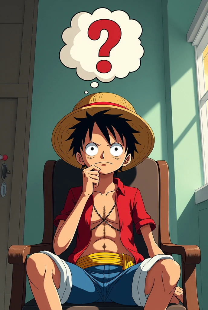 luffy from one pice in a chair making a doubtful face with a question mark on his head