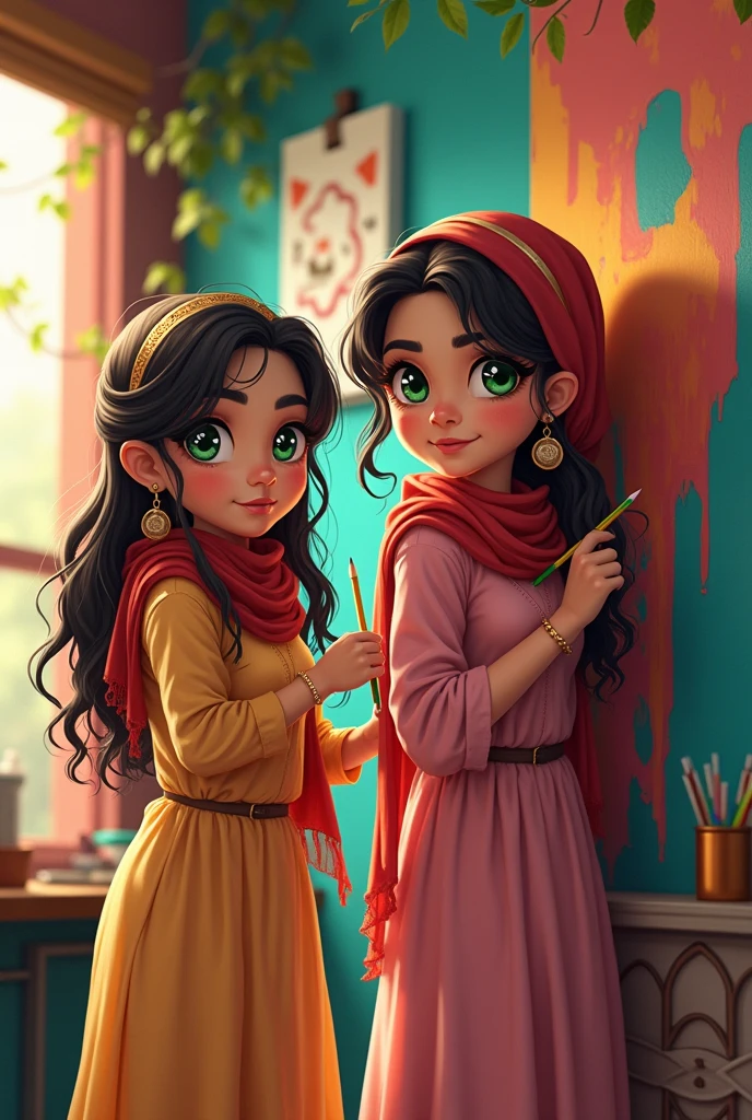 A beautiful 2 girl with green eyes in a casual pakistani look painting a cafe's wall