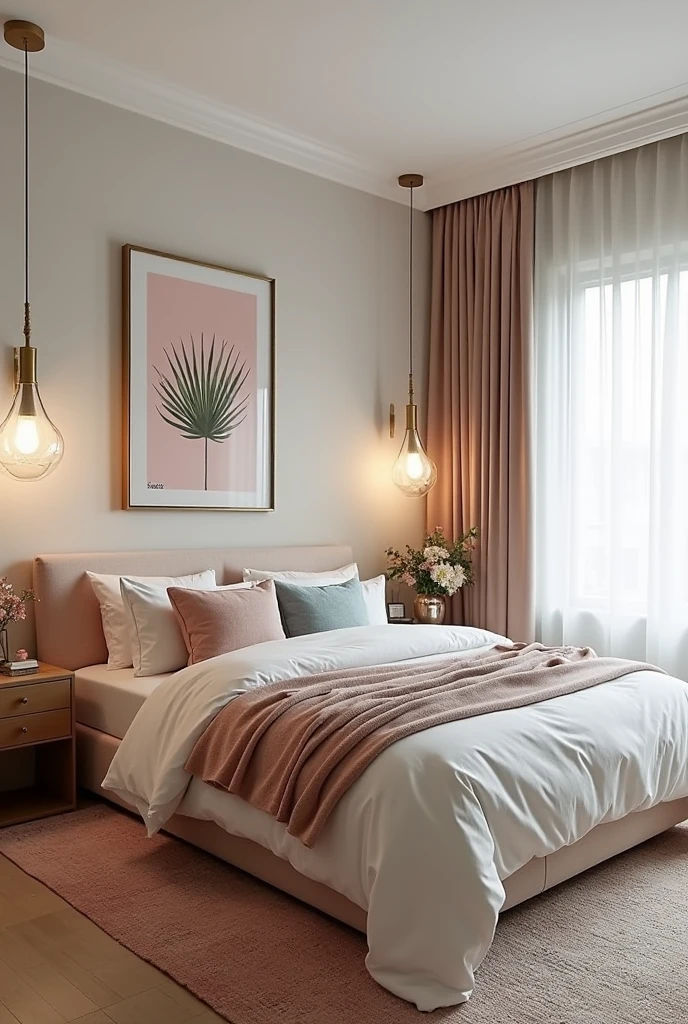 Design a creative bedroom with a femenine energy. I want it with neutral color and with pops of vivid colors here and there. Make it look chic and not childish
but also creative and interesting. Not too plain abut also no too overwhelming.