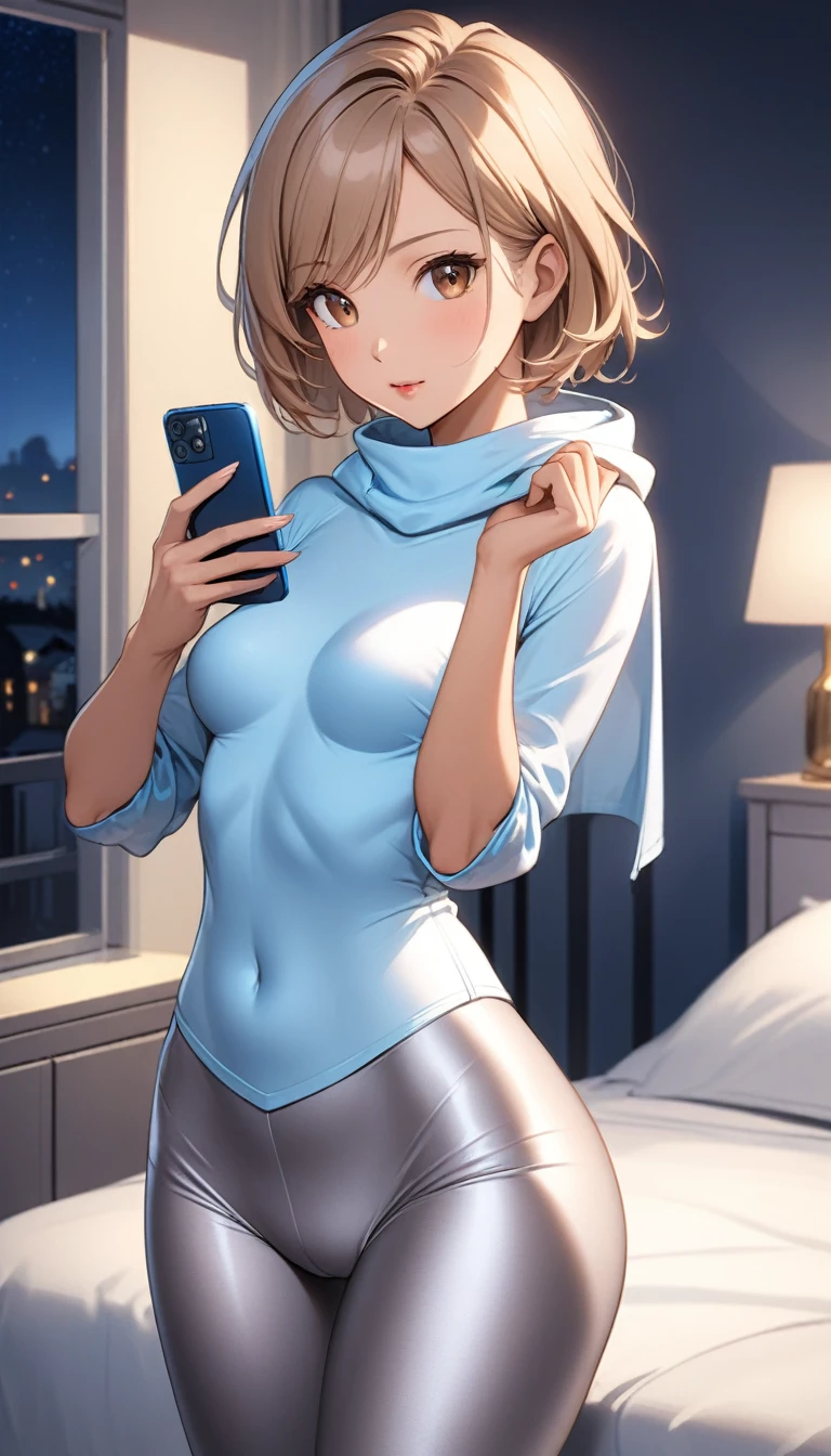 Beautiful 47y old woman with short undercut coily dark blonde hair, with brown eyes wearing ((Tight Silver Low-Rise Leggings)), ((y Mock Neck Mid Sleeves Light Blue Shirt With Hood Down)), standing in her bedroom at night, holding her cellphone, (mid-tanned skin), (light brown lipstick), (elegant mascara), (slim body), (small bre(wide hips), <lora:GoodHands-, <lora:GoodLegs-, UHD, high resolution, (expressive eyes, perfect face, full body, expressive face, perfect body, perfect pussy, ath, fit, slim body, blushing, Perfect makeup, eyeliner, beautiful eyelashes, smiling, horny face), ((illumination, best shadows)), ((sexy pose)), score_9, score_8_up, score_7_up