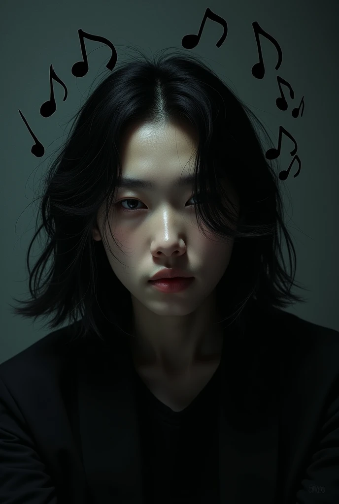 Asian boy man who looks like DPR ian and who has long hair and in the background is written the word facneo and who is in a dark place and who has black musical notes around him and who is touching a pretty girl and both of them are looking straight ahead