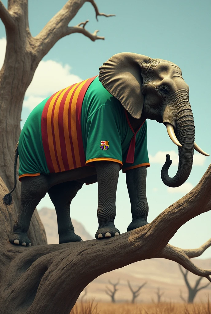 An elephant wearing barcelona jersey sitting on a thick branch of long dry tree