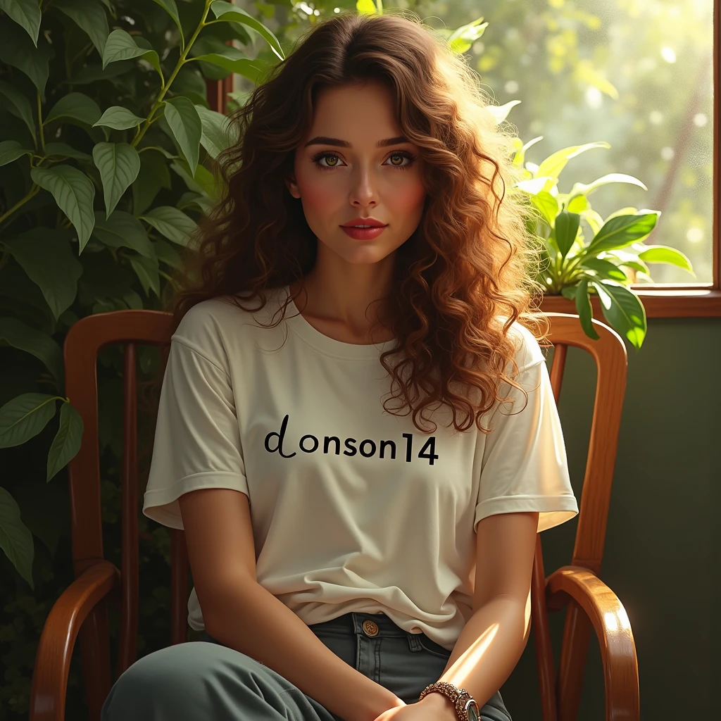 (photorealism:1.2), beautiful woman, sitting on a chair, wearing a white T-shirt with DONSON14 WRITE ON it, pants, long curly hair, , soft lighting, plants in background, with sunlight, relaxed pose, realistic, intricate details, warm colors, by Greg Rutkowski, by Alphonse Mucha