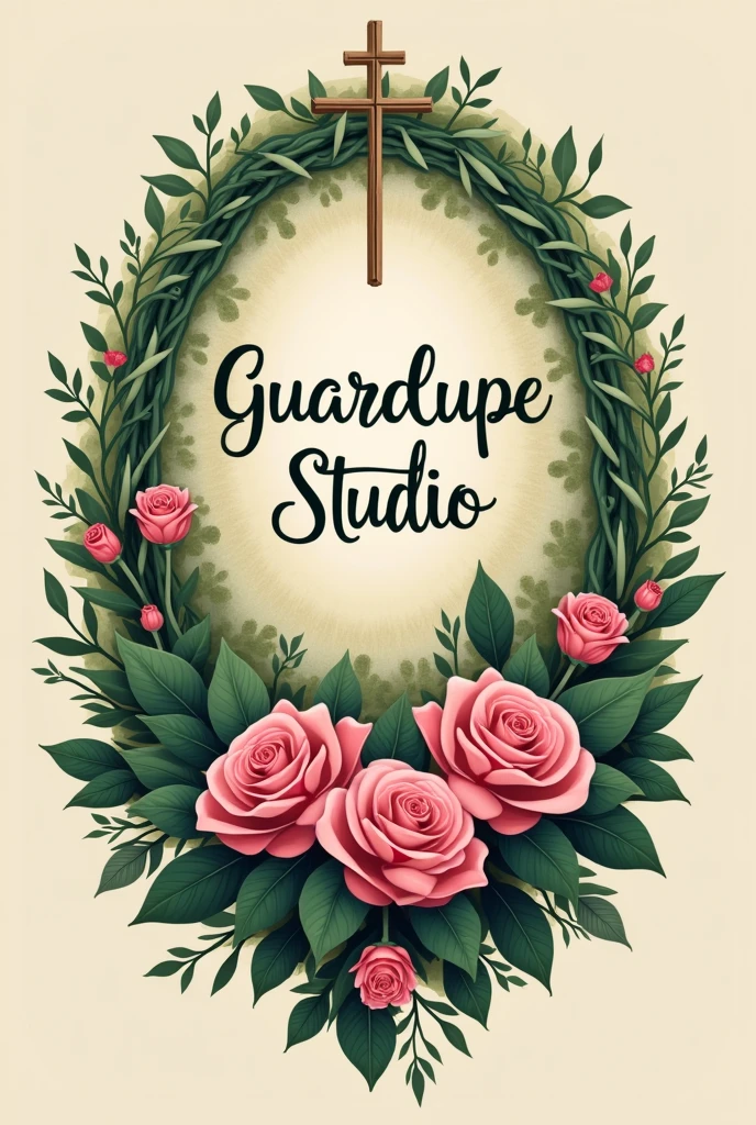Create a logo for my studio, it will be a custom rosary workshop, he will be called: Guardalupe Studio. The name is inspired by Our Lady of Guardalupe, I would like a logo with roses in pink and green colors