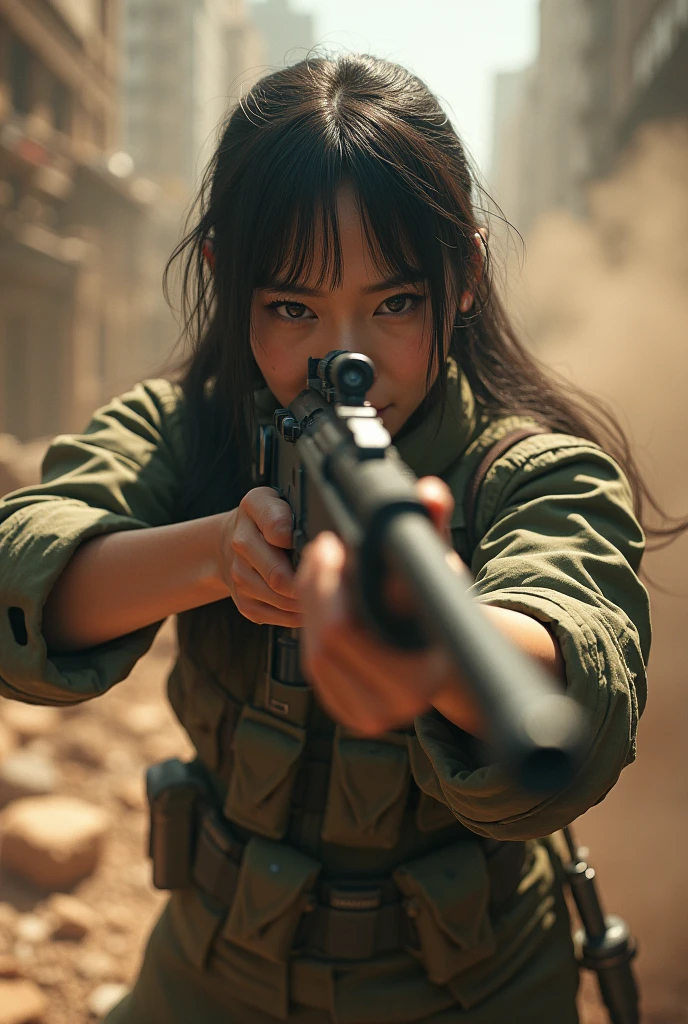 photorealistic、Realistic skin textures、A beautiful Japanese woman belonging to the hong kong military is aiming with a sniper rifle.、standing、On the rubble、brown dust smoke、Action poses with movement、Image from front top