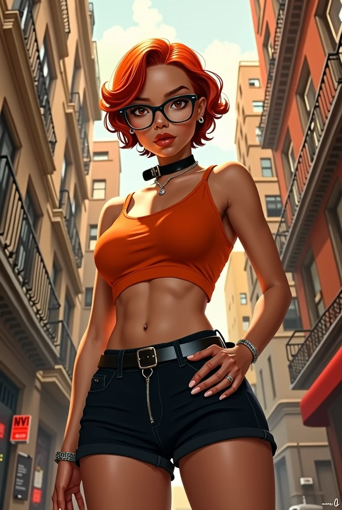 A digital painting of a confident, stylish woman with short red hair, wearing glasses. She is standing in an urban setting with tall buildings around her, giving the scene a gritty, yet warm ambiance. The woman is wearing an orange crop top that reveals part of her midriff, along with black shorts. The art style is detailed and has a slightly stylized, soft lighting that highlights her features. The background has a mix of warm tones, creating a striking contrast with her outfit.