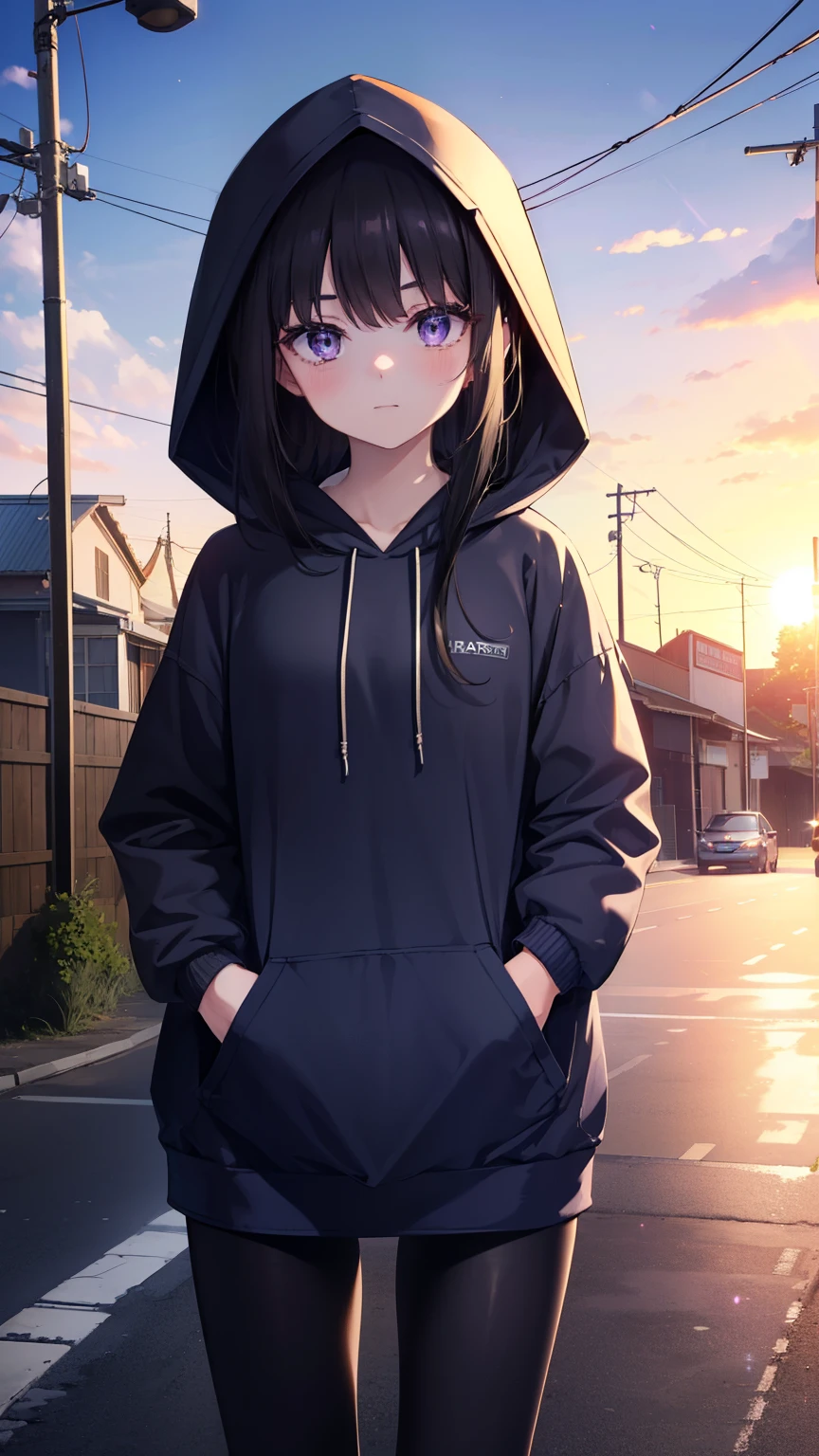 Takiuchi Kame, check it out, long hair, bangs, black hair, (purple eyes:1.2),blush,smile,happy atmosphere,Blue hoodie,hood up,Short denim pants with the back hair tucked into the hood,black pantyhose,short boots,evening,sunset,the sun is setting,Both hands are in the pockets of the hoodie,
break outdoors, In town,building street,
break looking at viewer, (cowboy shot:1.5),
break (masterpiece:1.2), highest quality, High resolution, unity 16k wallpaper, (figure:0.8), (detailed and beautiful eyes:1.6), highly detailed face, perfect lighting, Very detailed CG, (perfect hands, perfect anatomy),
